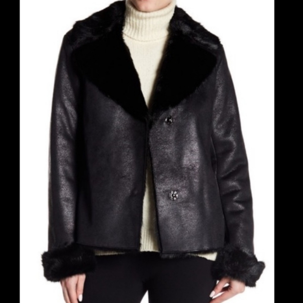 WORTH Coat soft Leather and Fur Black Jacket Small like new